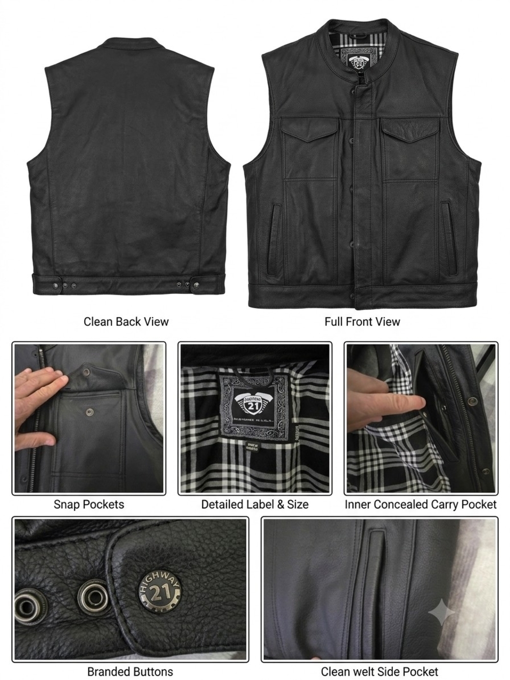 Men’s Black Leather Vest with Snap Front